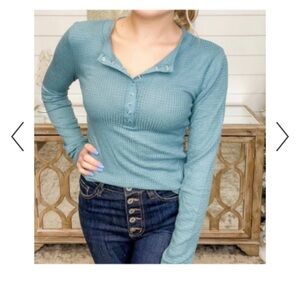 Zenana Snap Button Long Sleeve Henley Top Teal Blue Womens Size Small